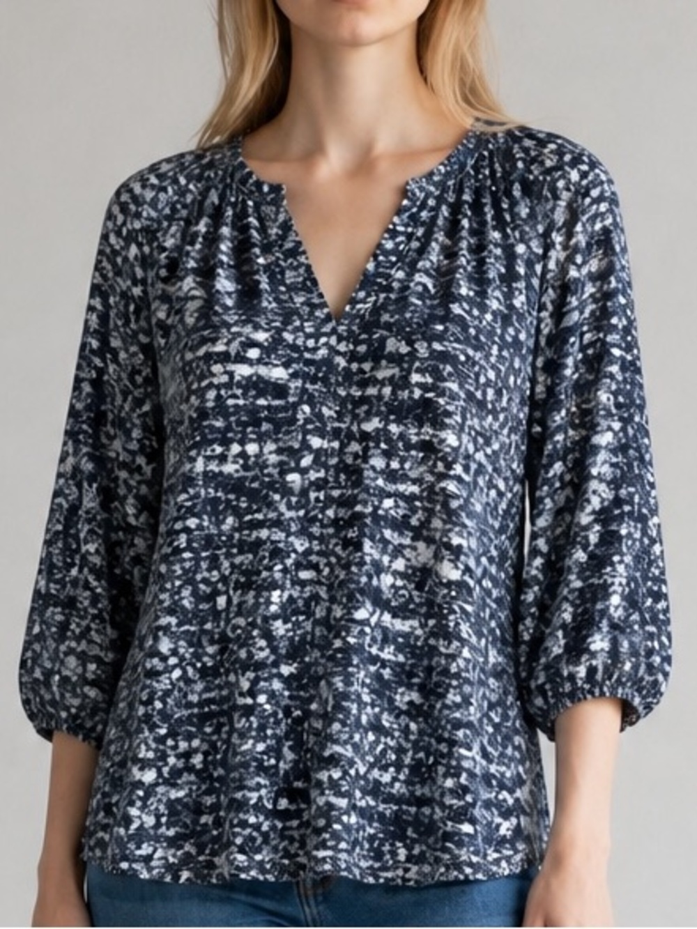 JOIE 100% silk top, size Large,  blue white , long full sleeves, V neck
Addie B